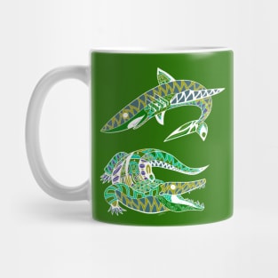 green shark and alligator in the swamp ecopop Mug